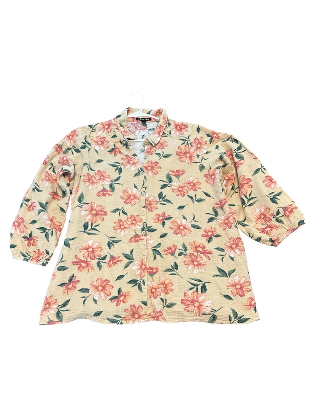Floral Button-Front Ladies Muslin Cotton  Shirt - Cream with Pink Flowers 3XL